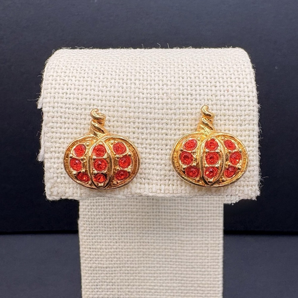 Vintage Avon Precious Pumpkin‎ Pierced Earrings Orange Crystals Gold Tone Dainty